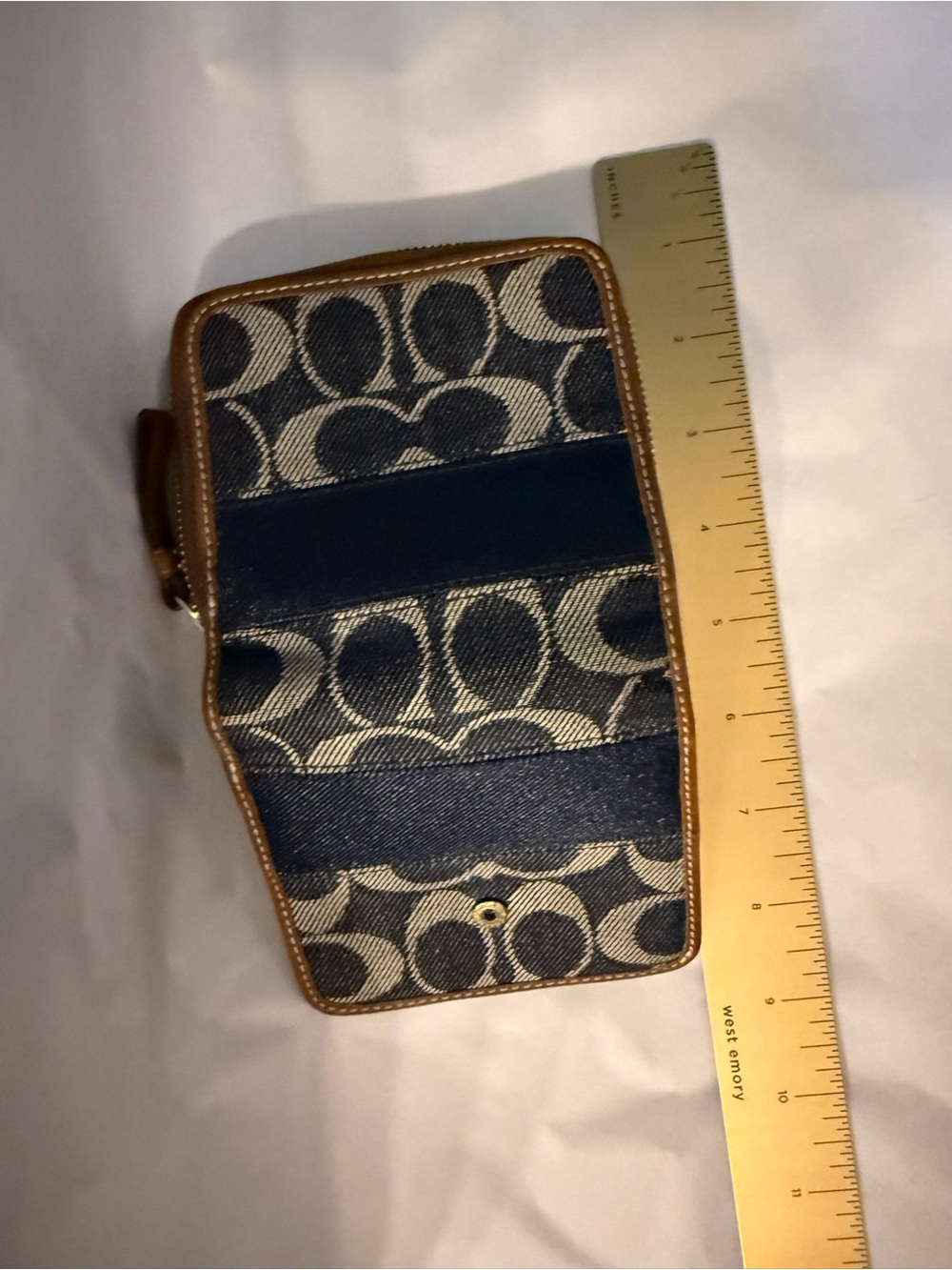 Coach Anniversary Stripe Denim Navy Canvas and Brown Leather Snap Wallet - Picture 5 of 12
